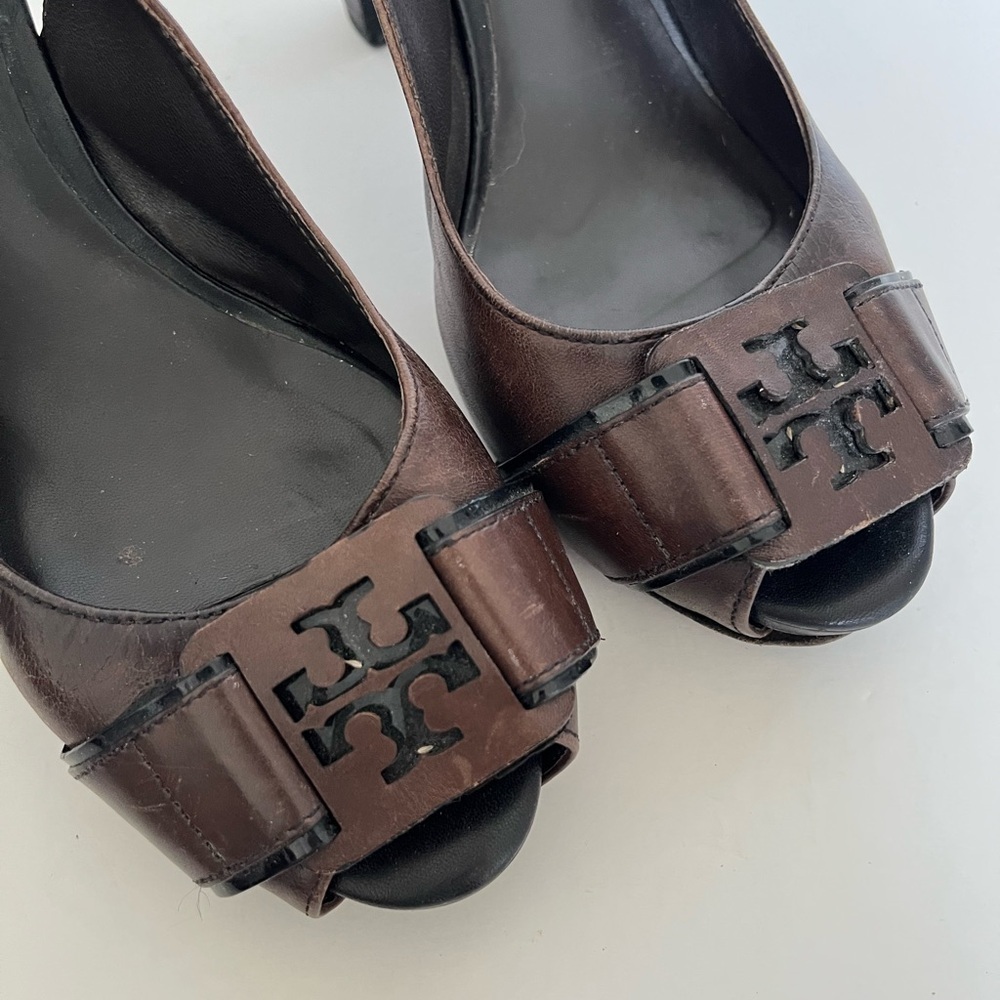 Tory Burch Brown Open Toe Slingback Wood Heel Size 8 Medium - Picture 8 of 9